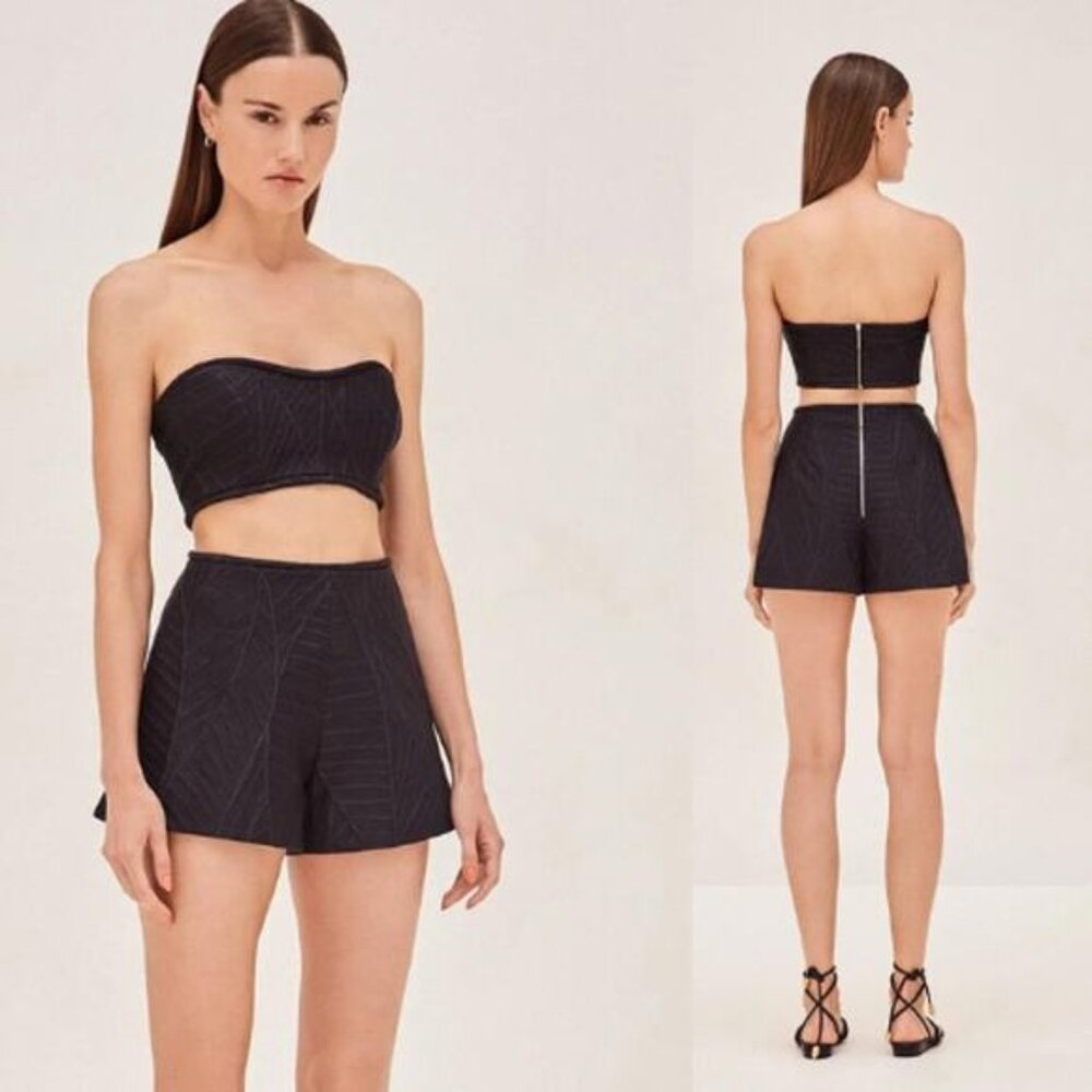 NWT Alexis High Waisted Leaf Pattern Textured Reed Flared Short Black Size: XL